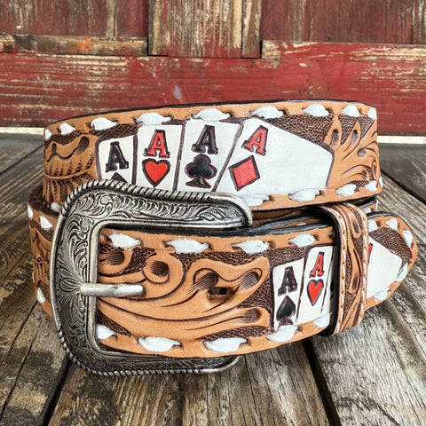 White Hand Painted Poker Men's Leather Belt - D100016848