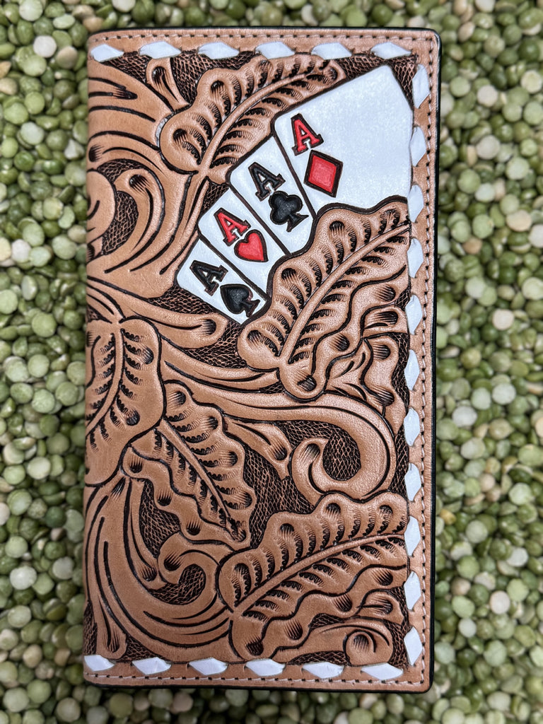 Men's Leather Checkbook Wallet in tan and white, tooled floral scroll exterior with four aces design, and whipstitched white leather edging - D250010448. Available at Blair's Western Wear, Marble Falls, TX