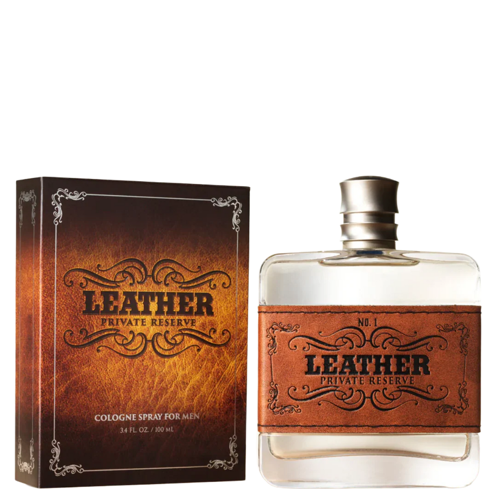 Men’s Leather Private Reserve cologne spray in amber-toned bottle, rich leather-forward fragrance with long-lasting wear, in a classic western-inspired design - 98083. Available at Blair's Western Wear, Marble Falls, TX.