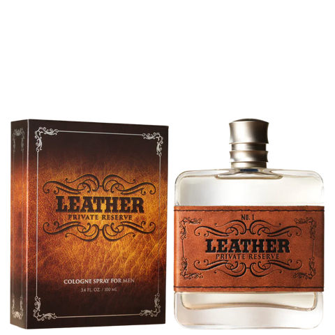 Men’s Leather Private Reserve cologne spray in amber-toned bottle, rich leather-forward fragrance with long-lasting wear, in a classic western-inspired design - 98083. Available at Blair's Western Wear, Marble Falls, TX.