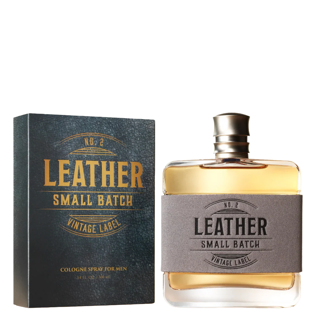 Men’s Leather Small Batch Cologne spray bottle in amber glass, leather-forward fragrance for warm all-day wear, with small-batch blended scent consistency – 98085. Available at Blair's Western Wear, Marble Falls, TX.