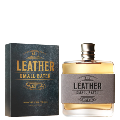 Men’s Leather Small Batch Cologne spray bottle in amber glass, leather-forward fragrance for warm all-day wear, with small-batch blended scent consistency – 98085. Available at Blair's Western Wear, Marble Falls, TX.