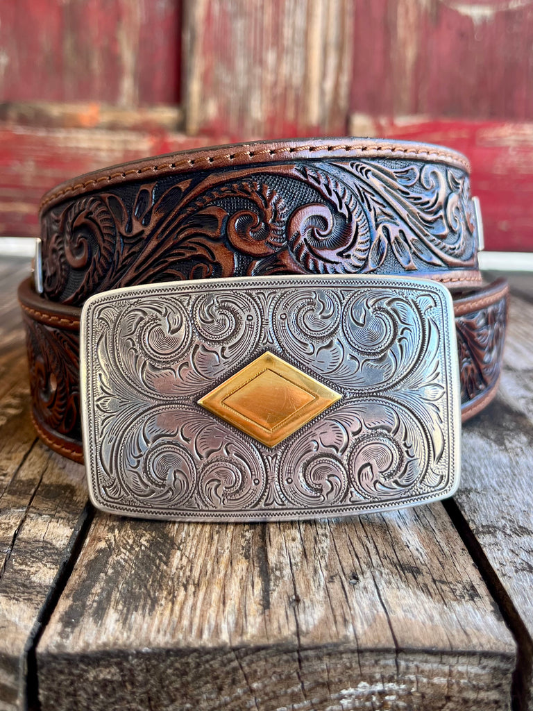 Men's Leegin Belt Company Belt in brown, hand-tooled diamond patterns with a robust metal buckle featuring intricate silver engravings and a gold centerpiece - C42895. Available at Blair's Western Wear, Marble Falls, TX.