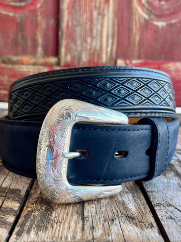 Men's Leegin Belt Company Leather Belt in blue, handcrafted with intricate diamond tooling and a stylish silver-toned buckle - C14183. Available at Blair's Western Wear, Marble Falls, TX.