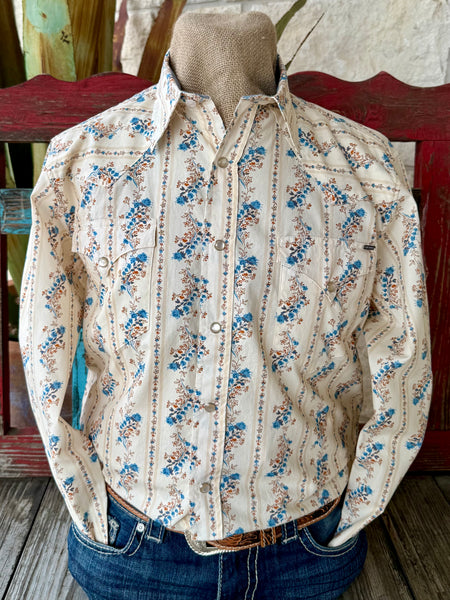 Men's Roper Long Sleeve Floral Print Snap Shirt in Natural Light Blue - Front View
