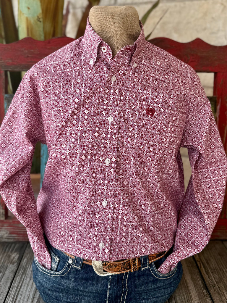 Men's Cinch Long Sleeve Print Button-Down Shirt in Brick White - Front View