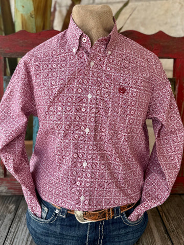 Men's Cinch Long Sleeve Print Button-Down Shirt in Brick White - Front View