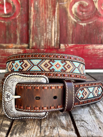 Men's M&F Aztec Belt in multi-colored embroidery with silver-tone engraved buckle - A1043097. Available at Blair's Western Wear, Marble Falls, TX.