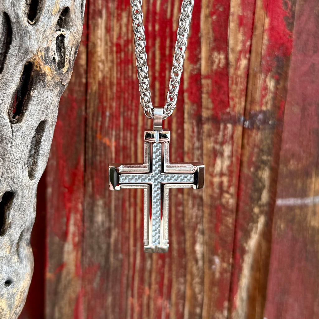 Men's Montana Silversmiths necklace silver cross pendant in silver, brushed and polished finish for bold contrast, with carbon fiber inlay center for modern texture - NC6163. Available at Blair's Western Wear, Marble Falls, TX.