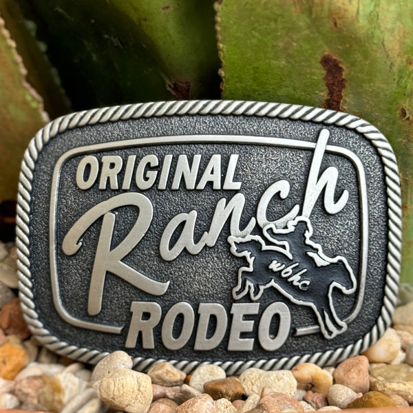 Men’s Montana Silversmiths Square Buckle Original Ranch Rodeo in Two-Tone Silver, embossed with bronc rider silhouette, with durable rope-edge trim for long-lasting Western appeal - A1059WR. Available at Blair's Western Wear, Marble Falls, TX.