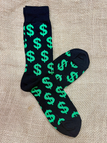 Men’s novelty socks with green dollar sign pattern in black, made from a soft cotton blend for comfort, with reinforced heel and toe for durability - MNC817. Available at Blair's Western Wear, Marble Falls, TX.