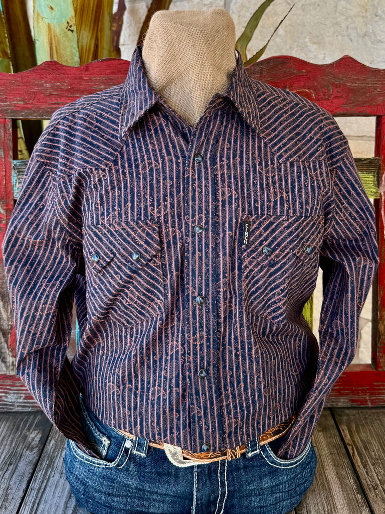 Men's Paisley Stripe Pearl Snap Long Sleeve Shirt