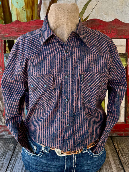 Men's Paisley Stripe Pearl Snap Long Sleeve Shirt