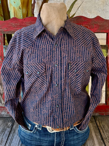Men's Paisley Stripe Pearl Snap Long Sleeve Shirt