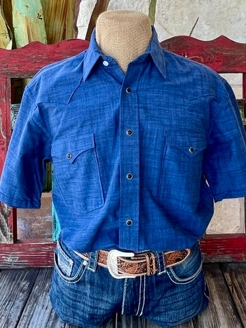 Men's Pan Handle Short Sleeve in blue and black, Crafted from 100% Cotton for breathability and comfort with Dual Chest Pockets - RMN3S04587. Available at Blair's Western Wear, Marble Falls, TX.