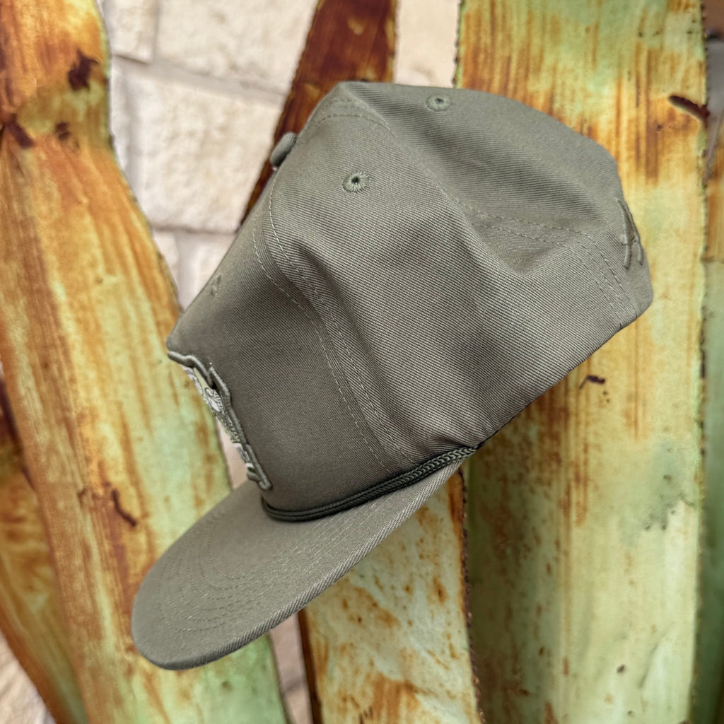 An olive green flat-brim cap 