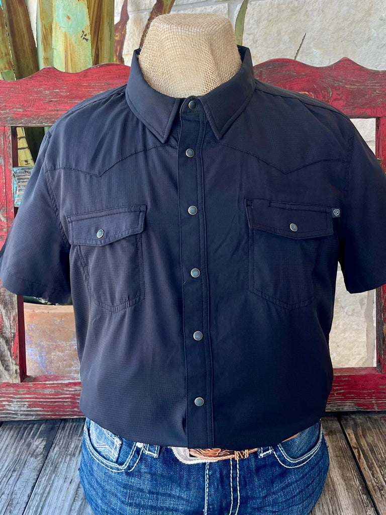 Men's Panhandle Shirt Short Sleeve Tek Snap in Black, lightweight quick-dry fabric, with dual chest snap pockets for secure storage - BMN3S06797B. Available at Blair's Western Wear, Marble Falls, TX.