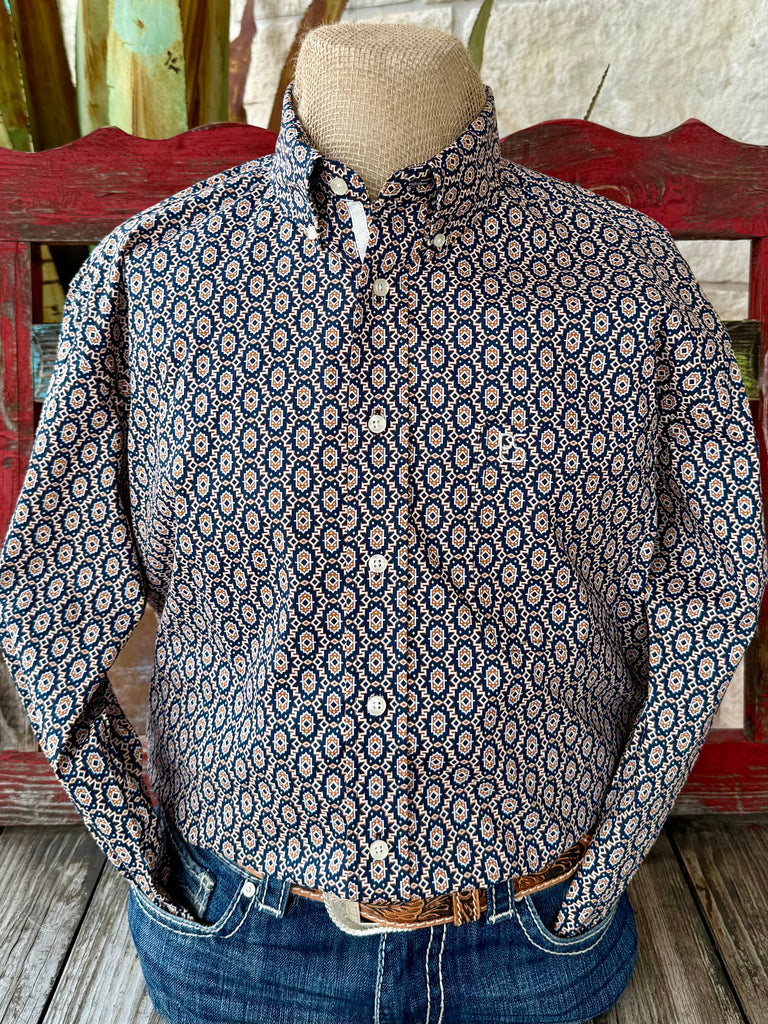 Men’s Panhandle Slim long sleeve button-down Aztec print shirt in navy and orange, lightweight cotton blend for breathable comfort, with embroidered chest pocket detail – RMB2S07075. Available at Blair's Western Wear, Marble Falls, TX.