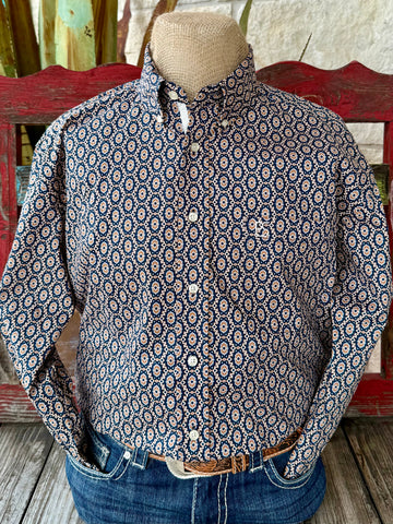 Men’s Panhandle Slim long sleeve button-down Aztec print shirt in navy and orange, lightweight cotton blend for breathable comfort, with embroidered chest pocket detail – RMB2S07075. Available at Blair's Western Wear, Marble Falls, TX.
