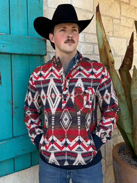 Men’s Panhandle Slim Aztec snap jacket in red, navy, and brown, built from heavyweight woven fabric for warmth, with ribbed cuffs and hem for lasting shape – BM91C04337. Available at Blair’s Western Wear, Marble Falls, TX.
