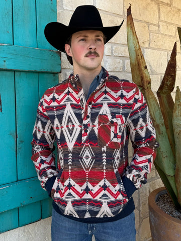 Men’s Panhandle Slim Aztec snap jacket in red, navy, and brown, built from heavyweight woven fabric for warmth, with ribbed cuffs and hem for lasting shape – BM91C04337. Available at Blair’s Western Wear, Marble Falls, TX.