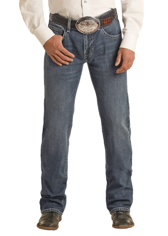 Men’s Panhandle Slim bootcut pistol stack jean in medium wash, slim pistol fit through seat and thigh, with bootcut leg that stacks cleanly over boots – VMSPD03714. Available at Blair's Western Wear, Marble Falls, TX.