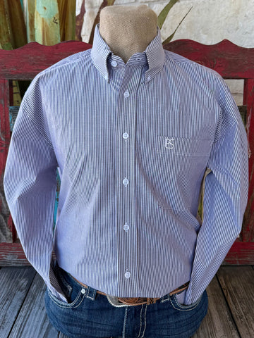 Men’s Panhandle Slim button-down long sleeve stripe shirt in black and white, breathable cotton blend for all-day comfort, with a structured button-down collar and embroidered chest pocket detail - SMB2S07616. Available at Blair's Western Wear, Marble Falls, TX.