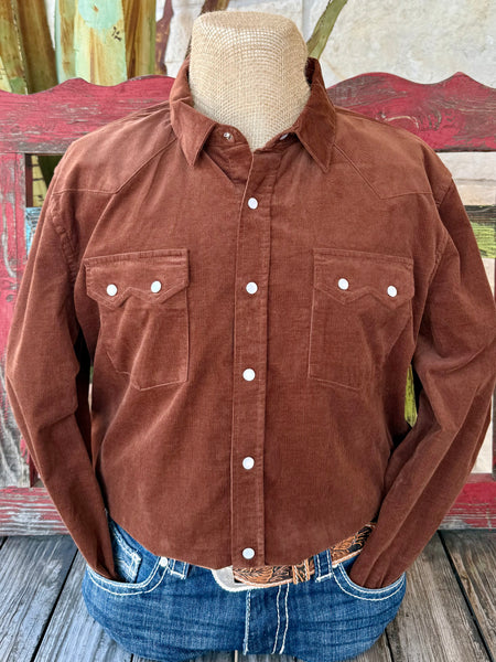 Men’s Panhandle Slim corduroy snap Western shirt in chocolate, made from soft corduroy for comfort, with pearl snaps and Western yoke design - PMN2S06921. Available at Blair's Western Wear, Marble Falls, TX.