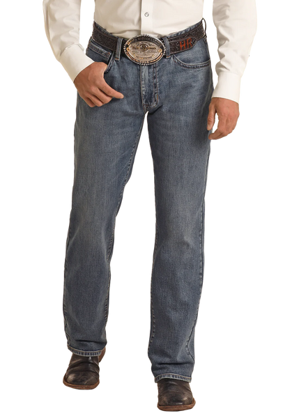 Men’s Panhandle Slim boot cut jeans in medium wash, reinforced stitching for durability, with a double boot cut leg that fits easily over cowboy boots – VMTBD03712. Available at Blair's Western Wear, Marble Falls, TX.