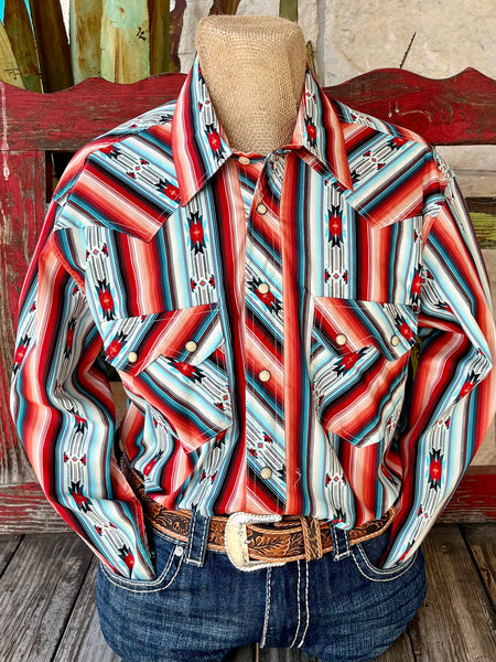 Men’s Panhandle Slim Long Sleeve Western Shirt in White/Red/Turquoise Aztec print, featuring pearl snap closures with dual chest flap pockets – BMN4S05863. Available at Blair's Western Wear, Marble Falls, TX.