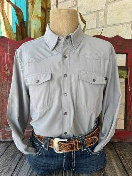 Men’s Panhandle Slim performance western shirt in grey, made with moisture-wicking fabric and breathable mesh lining, featuring snap-front closure and dual flap pockets – BMN2S02400G. Available at Blair’s Western Wear, Marble Falls, TX.