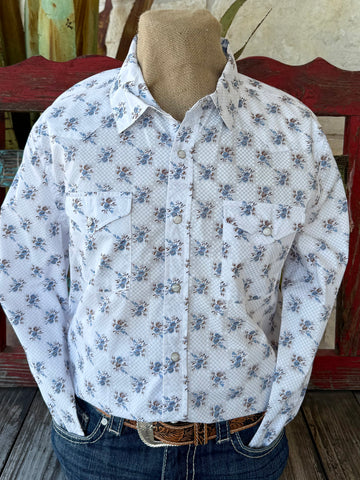 Men’s Panhandle Slim long sleeve snap shirt in white with light blue floral print, lightweight textured fabric for breathable comfort, with pearl snap closure and dual chest pockets – PMN2S07501. Available at Blair's Western Wear, Marble Falls, TX.
