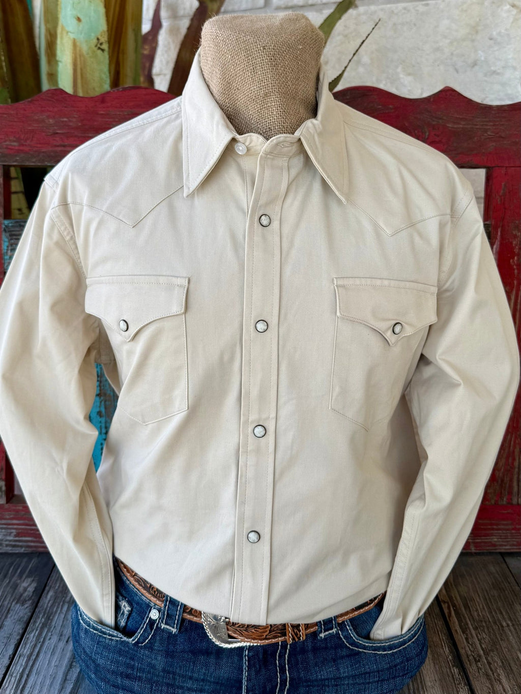 Men’s Panhandle Slim long sleeve snap western shirt in beige, slim fit woven fabric for breathable comfort, with pearl snap front and snap-closure chest pockets - BMN2S07875B. Available at Blair's Western Wear, Marble Falls, TX.