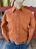 Men’s Panhandle Slim long sleeve solid Western shirt in rust, breathable woven cotton construction for all-day comfort, with snap front closure for easy wear – BMN2S07875. Available at Blair's Western Wear, Marble Falls, TX.