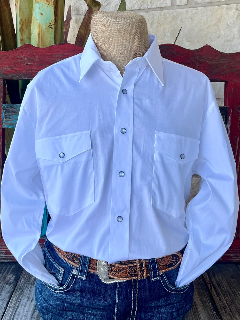 Men's Panhandle Slim Long Sleeve Western Shirt in solid white, featuring pearl snap closure and dual chest pockets with snap flaps - SMN2S06119W. Available at Blair's Western Wear, Marble Falls, TX.