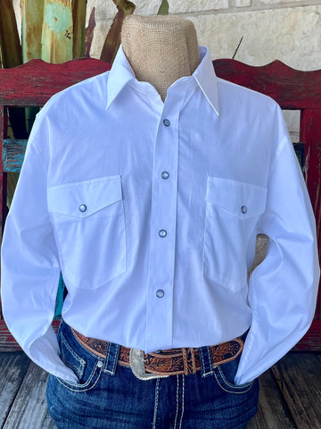 Men's Panhandle Slim Long Sleeve Western Shirt in solid white, featuring pearl snap closure and dual chest pockets with snap flaps - SMN2S06119W. Available at Blair's Western Wear, Marble Falls, TX.