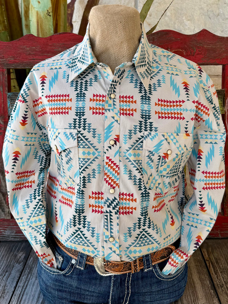 Men’s Panhandle Slim long sleeve western snap shirt in tan, breathable cotton-blend fabric for all-day comfort, with bold Southwestern geometric print and snap-button front - BMN4S05847. Available at Blair's Western Wear, Marble Falls, TX.