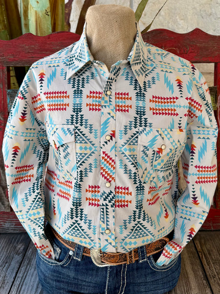 Men’s Panhandle Slim long sleeve western snap shirt in tan, breathable cotton-blend fabric for all-day comfort, with bold Southwestern geometric print and snap-button front - BMN4S05847. Available at Blair's Western Wear, Marble Falls, TX.