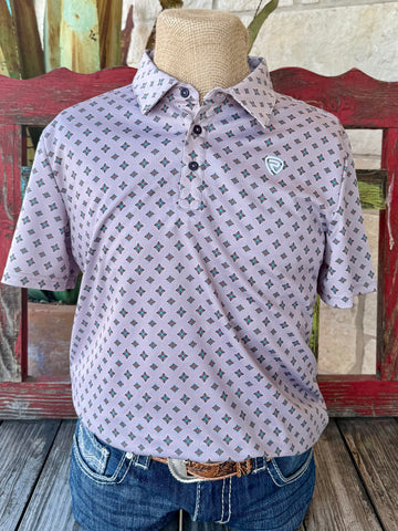 Men’s Panhandle Slim short sleeve polo shirt in gray with turquoise geometric print, made from moisture-wicking stretch fabric, featuring a structured collar and embroidered logo - BM51T07278. Available at Blair's Western Wear, Marble Falls, TX.