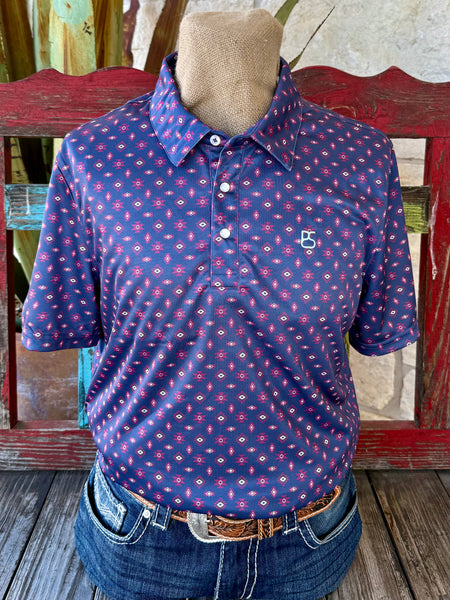 Men’s Panhandle Slim polo shirt short sleeve in navy with pink print, lightweight breathable fabric for all-day comfort, with classic button placket for versatile Western style - TM51T07538. Available at Blair's Western Wear, Marble Falls, TX.