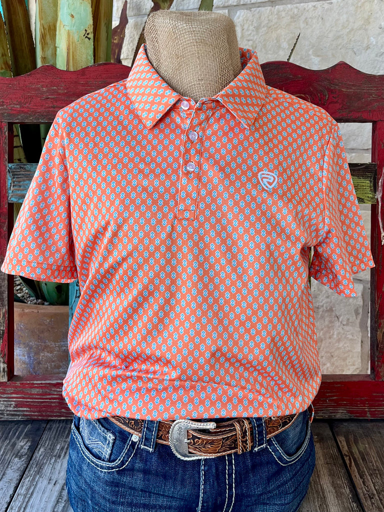 Men's Panhandle Slim Polo Shirt in orange with turquoise geometric print, featuring lightweight breathable fabric with a three-button placket - BM51T06614. Available at Blair's Western Wear, Marble Falls, TX.