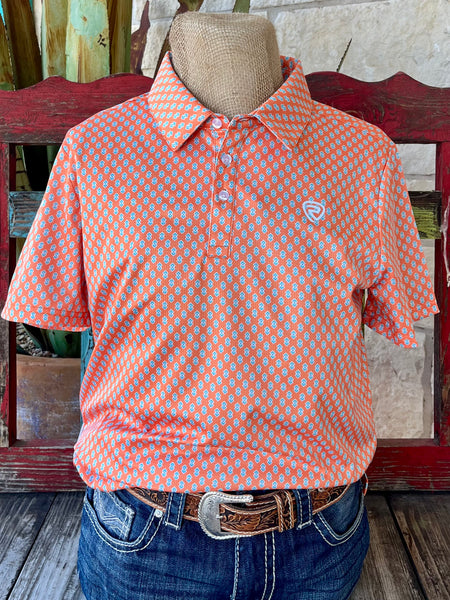 Men's Panhandle Slim Polo Shirt in orange with turquoise geometric print, featuring lightweight breathable fabric with a three-button placket - BM51T06614. Available at Blair's Western Wear, Marble Falls, TX.