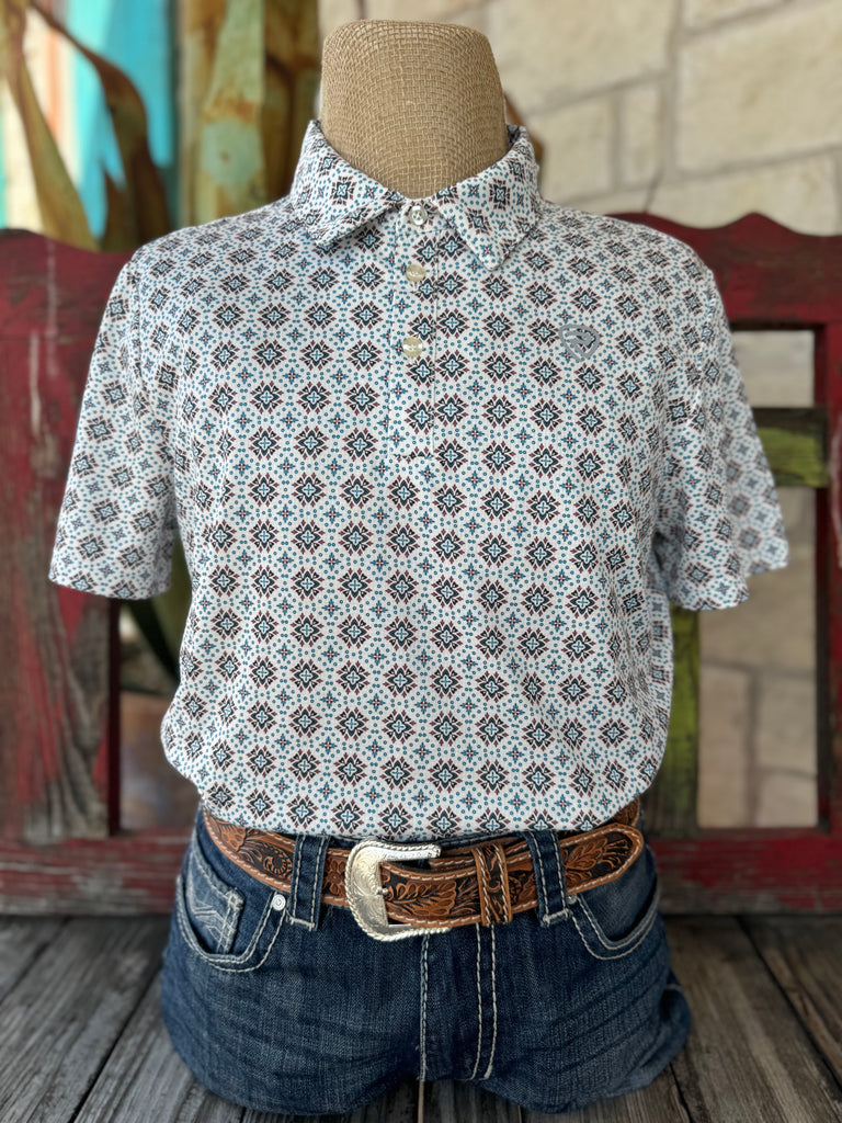 Men’s Panhandle Slim short-sleeve Aztec print pullover polo in cream, made with stretch moisture-wicking fabric and UPF 50+ protection – BM51T07281. Available at Blair’s Western Wear, Marble Falls, TX.