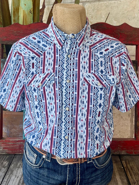 Men's Panhandle Slim Short Sleeve Western Shirt in white, red, and blue, lightweight breathable fabric with bold Aztec pattern and pearl snap front closure - TMN3S06661. Available at Blair's Western Wear, Marble Falls, TX.