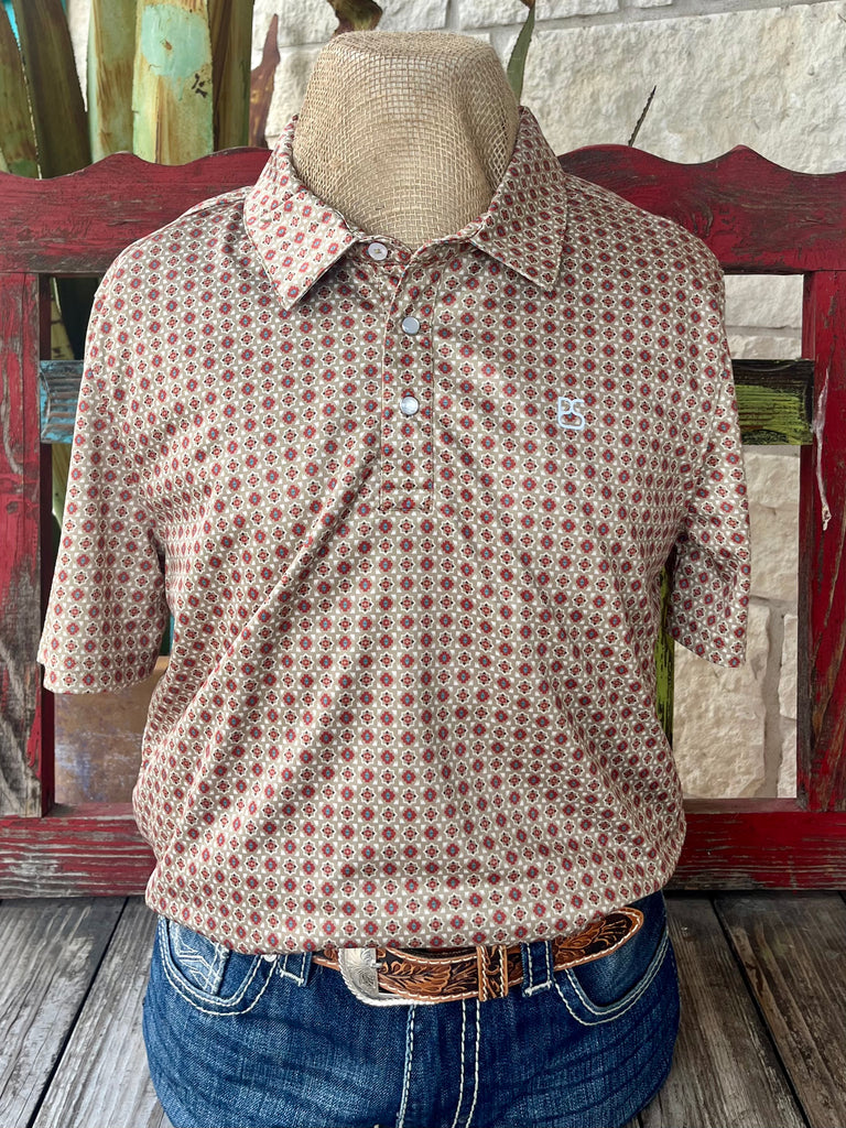 Men’s Panhandle Slim Short Sleeve Pullover Shirt in Tan/Rust/Turquoise, lightweight and breathable for all-day comfort, with a bold Aztec print and embroidered chest logo - TM51T06519. Available at Blair's Western Wear, Marble Falls, TX.