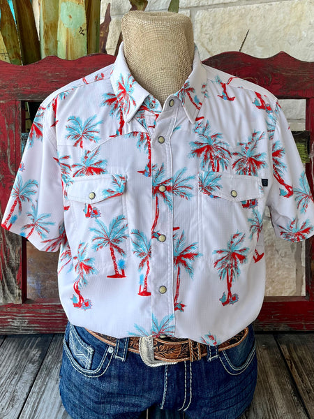 Men's Panhandle Slim Short Sleeve Western Shirt in natural tones with cactus print, featuring breathable cotton fabric and snap front closure - BMN3S06426. Available at Blair's Western Wear, Marble Falls, TX.