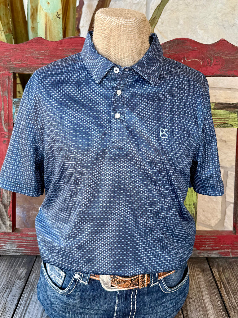 Men’s Panhandle Slim short sleeve polo print shirt in navy and light blue, made from lightweight performance fabric, featuring a pullover design with three-button placket - TM51T07243. Available at Blair's Western Wear, Marble Falls, TX.