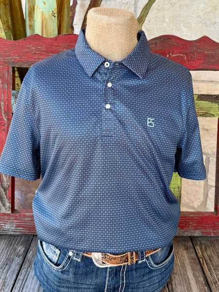 Men’s Panhandle Slim short sleeve polo print shirt in navy and light blue, made from lightweight performance fabric, featuring a pullover design with three-button placket - TM51T07243. Available at Blair's Western Wear, Marble Falls, TX.