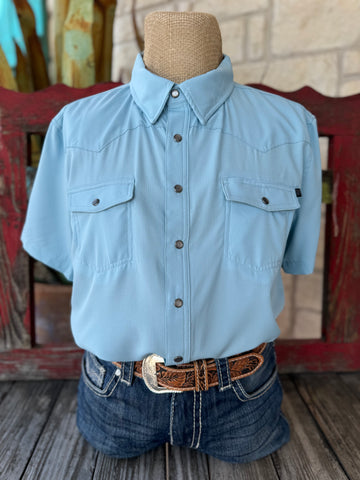 Men’s Panhandle Slim short sleeve Tek shirt in aqua, crafted from lightweight moisture-wicking Tek fabric, with snap-button front and dual flap pockets – BMN3S06797A. Available at Blair's Western Wear, Marble Falls, TX.