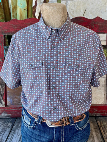 Men's Panhandle Slim Short Sleeve Western Shirt in grey and brick with Aztec-inspired print, featuring pearl snap front closure and dual chest pockets with snap closures - TMN3S05701. Available at Blair's Western Wear, Marble Falls, TX.